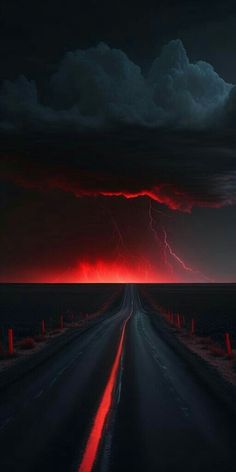 an empty road in the middle of nowhere under a dark sky with lightning striking over it