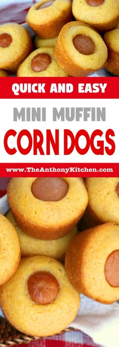 corn dog cookies are stacked on top of each other with the words game day food mini muffin corn dogs