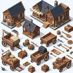 an image of various types of wooden buildings