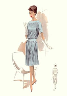 an illustration of a woman in a blue dress and white gloves standing next to a chair