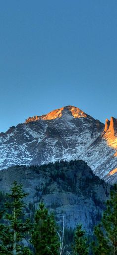 the mountain is covered in snow and has pine trees on it's foreground