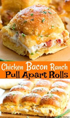 chicken bacon ranch pull apart rolls on a cutting board and in the background is an image of