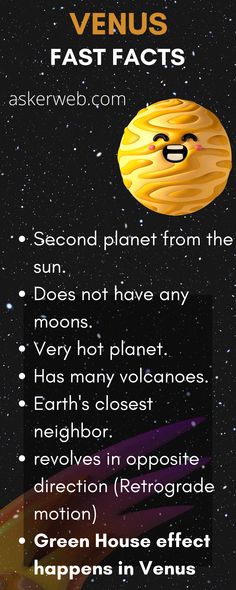 1.Venus is the second closest planet
2. Venus revolves in opposite direction (Retrograde motion)
3. Venus is the Earth’s sister planet
4. Green House effect happens in Venus
5. Cloud Cover is vital among 10 interesting facts about the planet Venus
6. Atmospheric pressure is 92 times that of the Earth
7. Morning Star & Evening Star is the same and it’s nothing but Venus
8. Venus is the most tempting planet 
9.Like Mercury Venus also has neither satellite nor ring
10. This is a poisonous planet. Fast Facts About Planets, Venus Planet Meaning, Facts About Venus Planet, Venus Planet Project, Venus Planet Facts, Venus Facts, Solar System Facts, Venus Planet, Venus Project