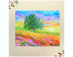 a painting of a field with flowers and a tree in the distance, on a polka dot background