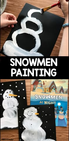 snowmen painted on black paper with white paint