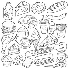 a black and white drawing of different food items