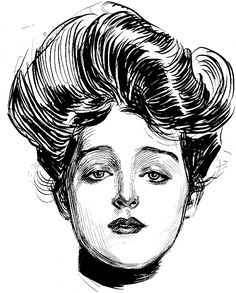 a black and white drawing of a woman's face with wavy hair on her head