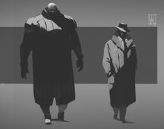 two men in coats and hats walking down the street with their hands on their hips