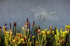 a dragon sculpture sitting on top of a lush green field next to tall grass and flowers