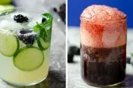 three different types of drinks with cucumbers and blackberries