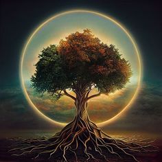 a painting of a tree with roots in front of a full moon, on a dark background