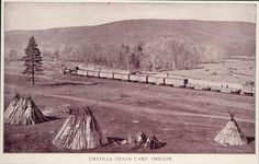 "Umatilla Indian Camp, Oregon." This is an original 1893 duotone print of a train passing an Umatilla camp in Oregon. Please note that there is printing on the reverse. Period Paper is pleased to offe American Indian History, Oregon Usa, Indian History, Native American Tribes, Bw Photo, Western Art, Old West