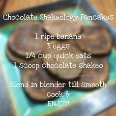 chocolate shakeology pancakes recipe on a blue plate with text overlay that reads 1 ripe banana 3 eggs 4 cup quick oats 1 scoop chocolate shakeo