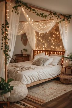 a bedroom decorated with lights and greenery