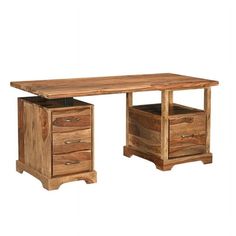 a wooden desk with two drawers underneath it