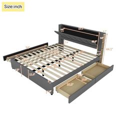 the bed frame is made up and has two drawers underneath it with measurements for each side