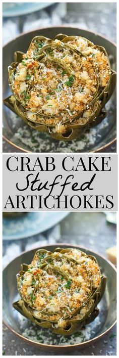 crab cake stuffed artichokes on a plate with the words crab cake stuffed artichokes