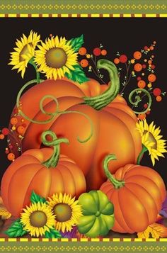 a painting of pumpkins and sunflowers on a black background with an ornate border