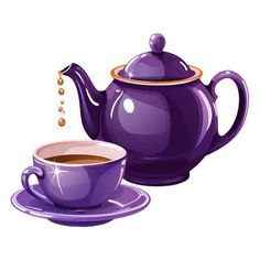 a purple teapot and cup filled with liquid on a saucer next to each other