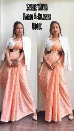 How To Style Saree With Top, Saree Blazer Look, Outfits For Wedding Functions For Women, Jeans With Saree Outfit, Blazer Saree Outfit, Saree On Pants, Saree With Turtle Neck Top, Indowestern Saree Draping, Saree With Tshirt