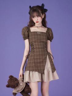 ❤︎Cool pure deza coffee-colored check dress❤︎ Cool Ootd, Korean Clothing, Harajuku Long Sleeve Summer Dresses, Summer Cotton Harajuku Dress, Harajuku Winter Dress With Ruffles, Harajuku Doll Collar Summer Dress, Rich Outfits, Harajuku Mini Dress With Ruffles, Academia Style