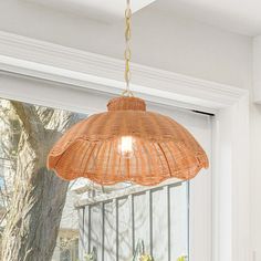 an orange light hanging from the ceiling in front of a window with plants on it