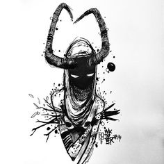 a black and white drawing of a demon with horns on it's head, surrounded by ink splots