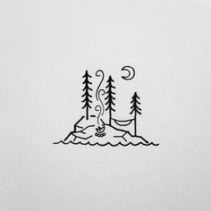 a black and white drawing of a campfire on an island in the middle of water