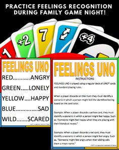 four cards with the words feelings, feelings and numbers on them in different colors are shown