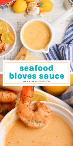 seafood blvdes sauce in a bowl with shrimp and lemons on the side