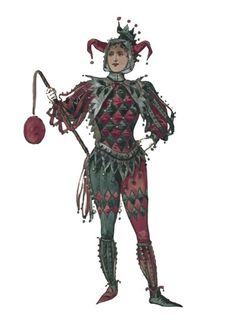 a drawing of a woman dressed as a jester with a ball in her hand