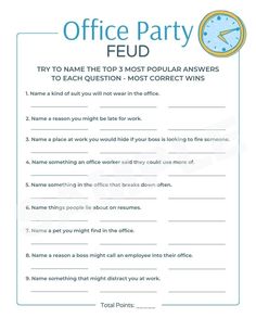 an office party game with the words,'to name the top most popular answers to each question - most correct wins '