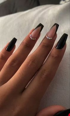 Coffin New Years Nails, Black Nails Medium Length, Black French Nails, Diy Acrylic Nails, Work Nails, Basic Nails, Ballerina Nails, Acrylic Nails Coffin Short, Homecoming Nails