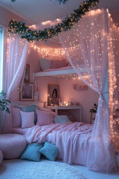 a pink bedroom with lights on the ceiling and bed canopy over it's headboard