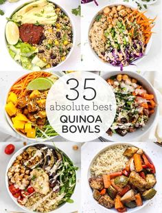 the 25 best quinoa bowls are shown in four different bowls, with text overlay that reads 35 absolute best quinoa bowls