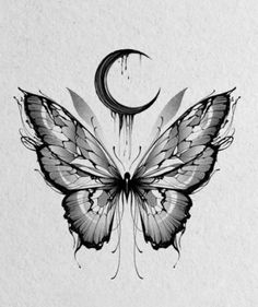 a black and white drawing of a butterfly with the moon on it's wings