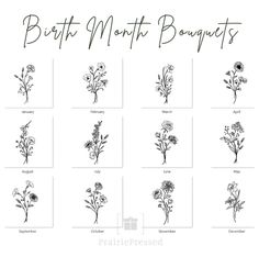 the birth month bouquets are shown in black and white, with flowers drawn on them