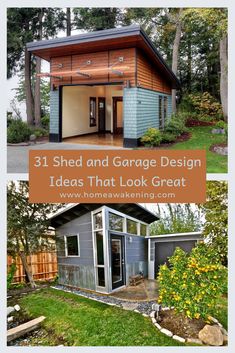 two pictures with the words 31 shed and garage design ideas that look great