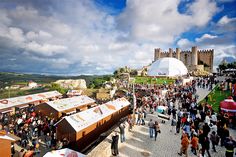 a crowd of people standing on top of a stone walkway next to a castle like structure