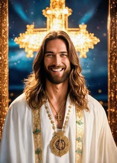 a man with long hair wearing a white robe and gold necklace in front of a cross