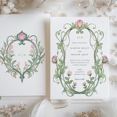 two wedding cards with floral designs on them