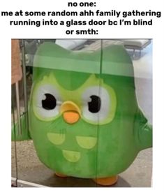 an image of a green owl statue with caption that reads, no one me at so me random ah family gathering running into glass door i'm