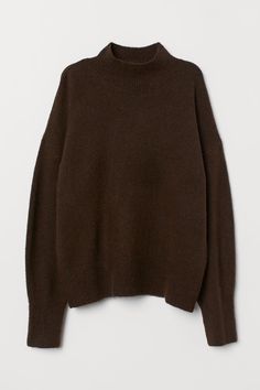 Sweater in a soft fine knit with dropped shoulders  long sleeves  and wide ribbing at neckline  cuffs  and hem. H&m Long Sleeve Tops With Ribbed Cuffs, Fall Sweater With Funnel Neck And Ribbed Cuffs, Oversized Ribbed Knit Top For Fall, Fall Funnel Neck Sweater With Ribbed Cuffs, Fine Knit Winter Sweatshirt, Brown Turtleneck With Ribbed Cuffs For Fall, Oversized Fine Knit Turtleneck Sweater, Oversized Turtleneck Fine Knit Sweater, H&m Winter Sweatshirt With Ribbed Cuffs