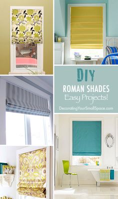 four different types of roman shades in various rooms