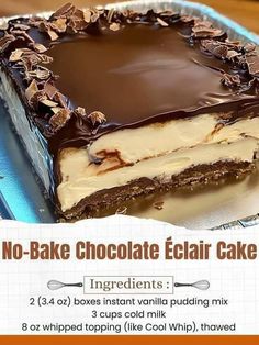 Very wonderful cooking Recipes | No-Bake Chocolate Éclair Cake Chocolate Eclair Dessert, Chocolate Eclair Cake, Coffee Cake Recipes Easy, Chocolate Deserts, Eclair Cake, Chocolate Eclair, Vanilla Pudding Mix, Cream Cheese Recipes, Chocolate Topping