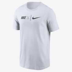 It's your game. Show it the love it deserves in this sweat-wicking Nike golf tee. Sports Season Dri-fit Graphic T-shirt, Dri-fit Graphic Print T-shirt For Sports, Moisture-wicking Golf T-shirt For Sports, White Logo Print T-shirt For Sports Season, White Dri-fit T-shirt With Team Name, White Sporty T-shirt With Branding, Team Spirit T-shirt With Team Name For Golf, White Golf Tops With Branding, White Golf Top With Branding