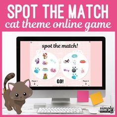 a cat is standing next to a computer screen with the words spot the match on it