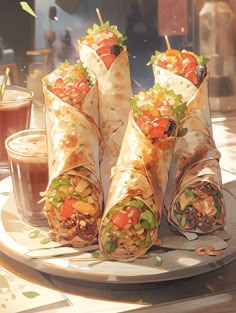 there are many wraps on the plate with drinks