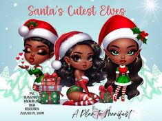 three black girls wearing santa's hats and holding presents