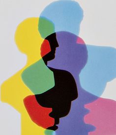 the silhouettes of two people are shown against a multicolored background with shadows